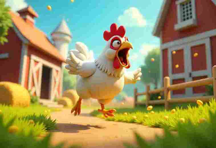 Chicken sprinting along a farm path with obstacles