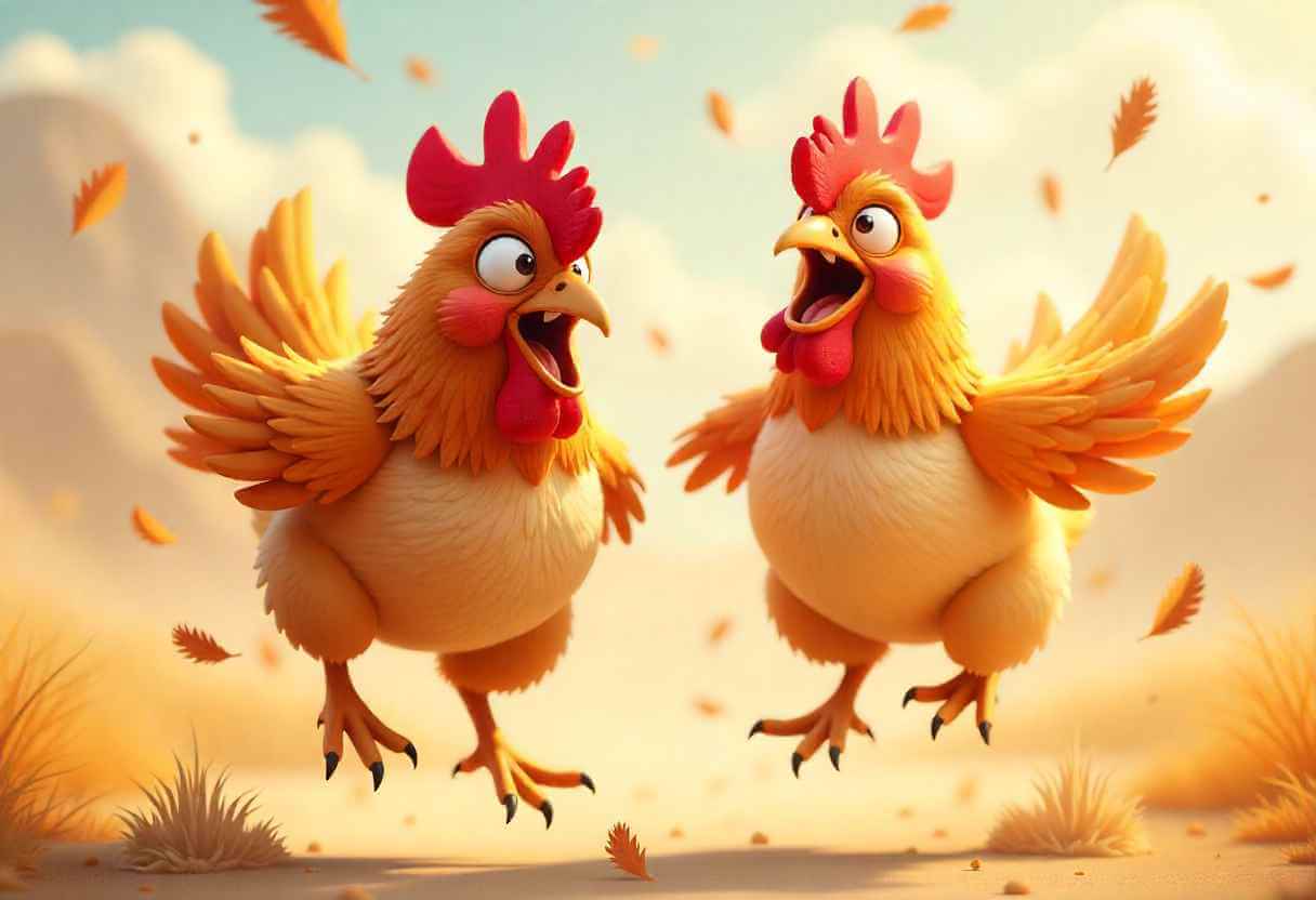 Two chickens comparing gear and upgrades on the farm